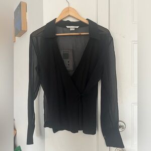 Black sheer long sleeve chiffon tie blouse with collar